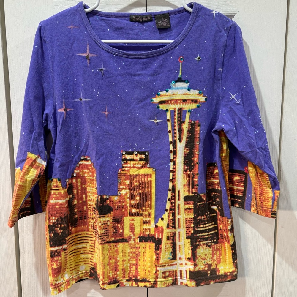 FRENCH POSTCARDS Women’s Handcrafted Seattle Scene 3/4 Sleeve Tee Shirt - size S